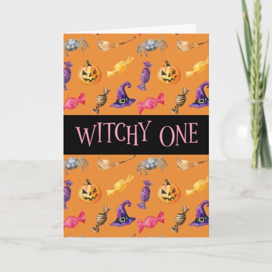 "Witchy One" Oranje Halloween Pattern Kaart (Voorkant)