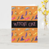 "Witchy One" Oranje Halloween Pattern Kaart (Gele Bloem)
