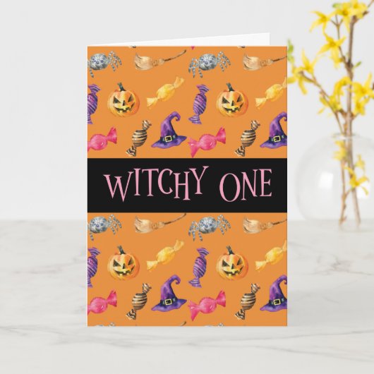 "Witchy One" Oranje Halloween Pattern Kaart (Gele Bloem)