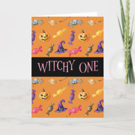"Witchy One" Oranje Halloween Pattern Kaart