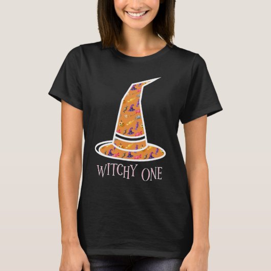 "Witchy One" Oranje Halloween Pattern Witch Pet T-shirt (Voorkant)