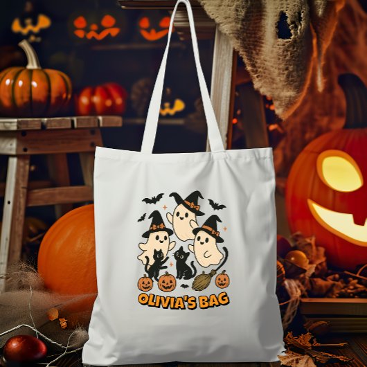 Witchy Retro Ghost Cats Gepersonaliseerde Hallowee Tote Bag