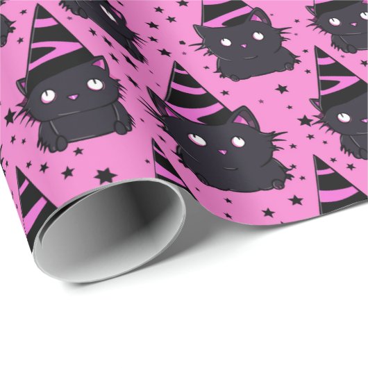 Witchy Roze Pastel Gothic Zwart Kitty Kat Verjaard Cadeaupapier (Rol Hoek)