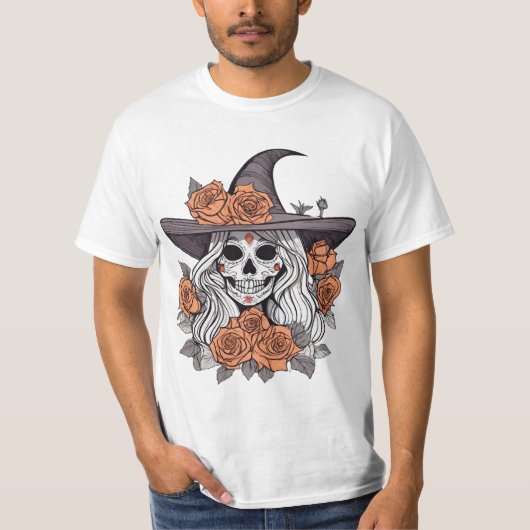 Witchy Sugar Skull met Rozen T-shirt (Voorkant)