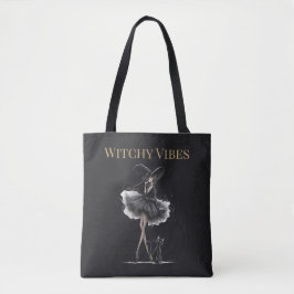 Witchy Vibes Dark Edition – Gothic Witch & Cat Tote Bag