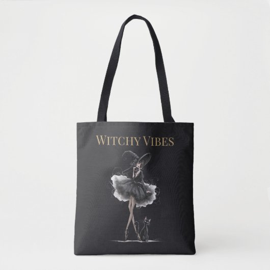 Witchy Vibes Dark Edition – Gothic Witch & Cat Tote Bag (Voorkant)