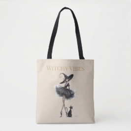 Witchy Vibes Light Edition – Gothic Witch & Cat Tote Bag