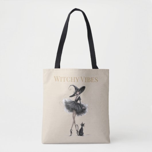Witchy Vibes Light Edition – Gothic Witch & Cat Tote Bag (Voorkant)