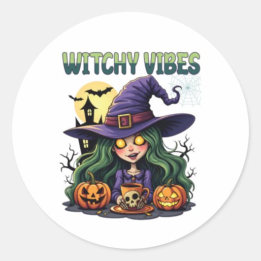 Witchy Vibes met pompoenen en drank Ronde Sticker (Voorkant)