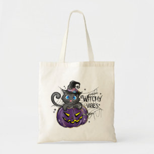 Witchy Vibes WItch Black Cat en Jack-O-Lantern Tote Bag