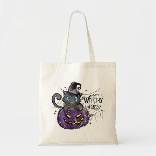 Witchy Vibes | WItch Black Cat en Jack-O-Lantern Tote Bag (Voorkant)