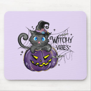 Witchy Vibes: Zwarte kat op de Paarse Jack-O-Lante Muismat