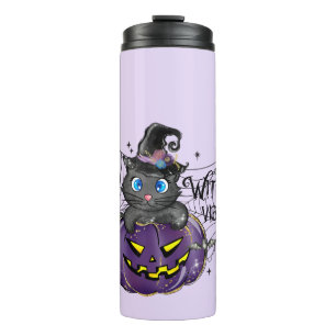 Witchy Vibes: Zwarte kat op de Paarse Jack-O-Lante Thermosbeker