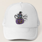 Witchy Vibes: Zwarte kat op de Paarse Jack-O-Lante Trucker Pet (Voorkant)