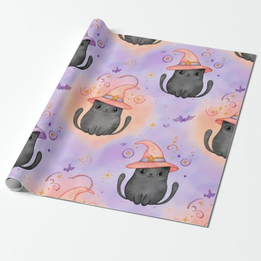 Witchy Whiskers – Pastel Halloween Cat Pattern Cadeaupapier (Uitgerold)