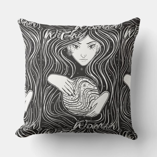 Witchy Woman Artistic Zwart-wit Sierkussen (Voorkant)