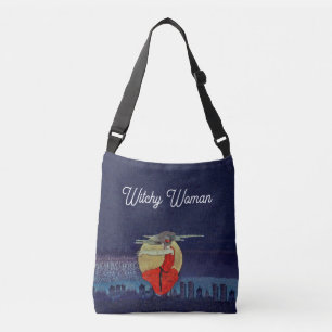 Witchy Woman in Red Floating over City Moon Blue Crossbody Tas