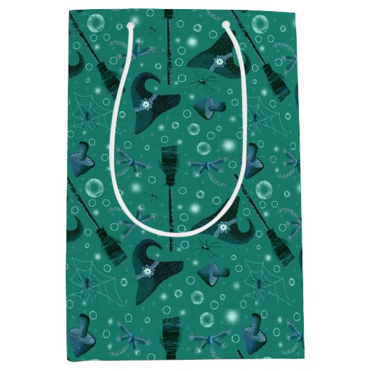 WitchyBroomsticks en Bubbles Green Halloween Medium Cadeauzakje (Voorkant)