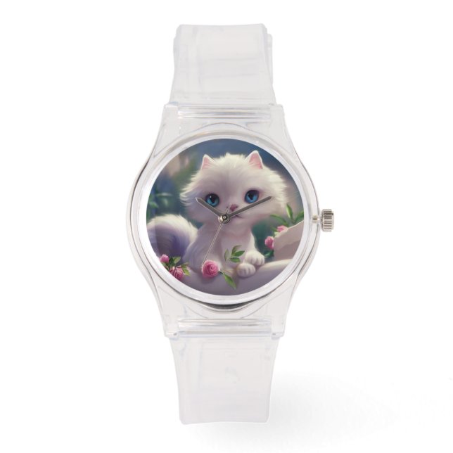 WITE CAT KITTEN PINK WRIST WATCH HORLOGE (Voorkant)
