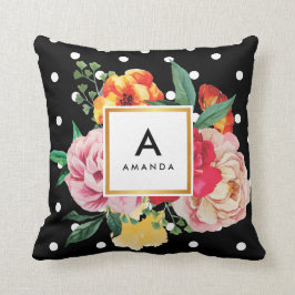 WITE polka stipt Waterverf Peony Flowers Monogram Kussen
