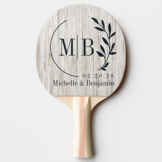 Witgeschilderd Houten Blad Bruilofts Monogram Tafeltennisbatje (Achterkant)