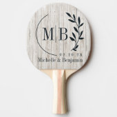 Witgeschilderd Houten Blad Bruilofts Monogram Tafeltennisbatje (Voorkant)
