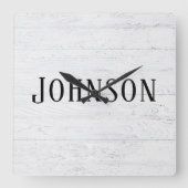 witgewassen hout met familienaam vierkante klok (Voorkant)