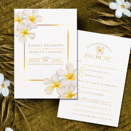 Witgoud Frangipani bloemen bruiloft RSVP Kaartje