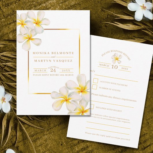 Witgoud Frangipani bloemen bruiloft RSVP Kaartje