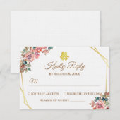 Witgoud geometrische bloemenkrans Chinese bruiloft RSVP Kaartje (Voorkant / Achterkant)