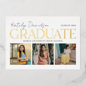 Witgouden Afstudeerdrie Foto Collage Folie Uitnodiging (Voorkant)