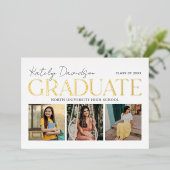 Witgouden Afstudeerdrie Foto Collage Folie Uitnodiging (Staand Voorkant)
