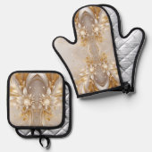 Witgouden bloemen ovenwant & pannenlap set (Voorkant / Achterkant)