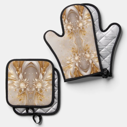 Witgouden bloemen ovenwant & pannenlap set (Voorkant / Achterkant)
