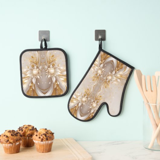 Witgouden bloemen ovenwant & pannenlap set (Insitu(Ophanging))