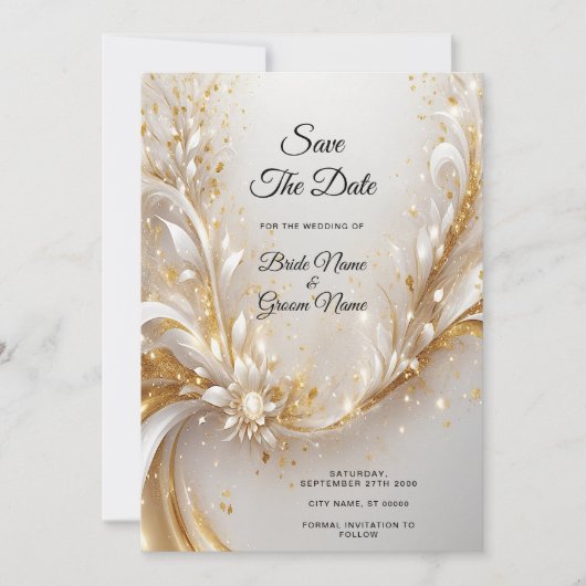 Witgouden bloemen sparen de datum save the date (Voorkant)