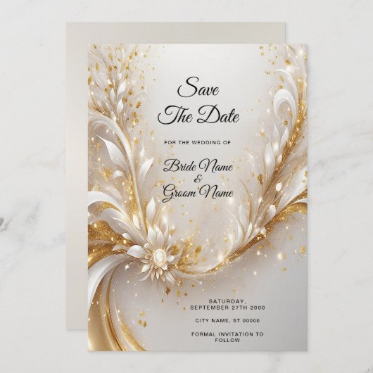 Witgouden bloemen sparen de datum save the date (Voorkant / Achterkant)