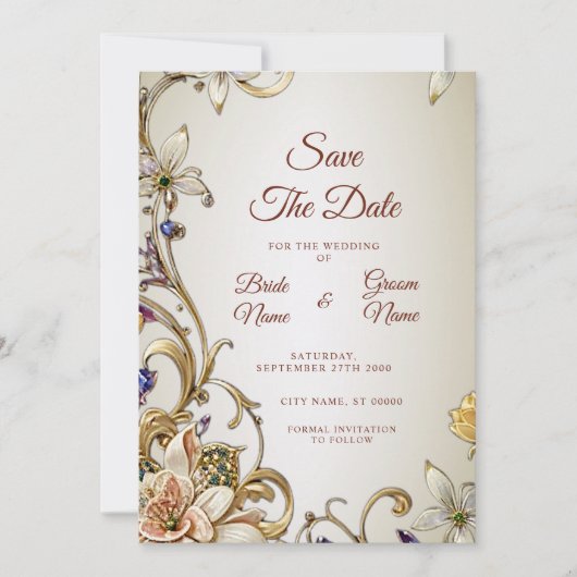 Witgouden bloemen sparen de datum save the date (Voorkant)