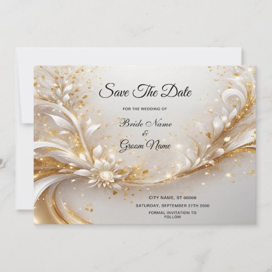 Witgouden bloemen sparen de datum save the date (Voorkant)