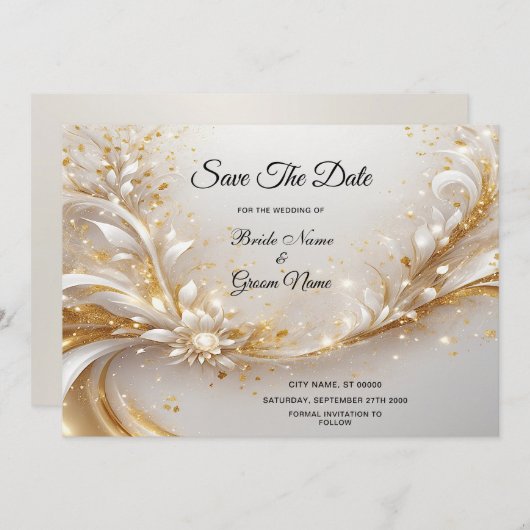 Witgouden bloemen sparen de datum save the date (Voorkant / Achterkant)