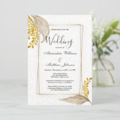 Witgouden confetti  bruine bloemenbruiloft kaart (Staand voorkant)