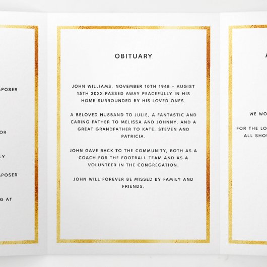 Witgouden foto elegante driezijdige rouwkaart drieluik aankondiging (Binnenkant midden)