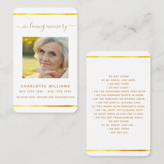 Witgouden foto elegante uitvaart gebedskaart visitekaartje (Voorkant / Achterkant)