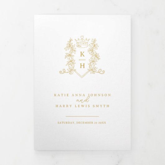 Witgouden foto kroon monogram bruiloft drieluik programma (Cover)