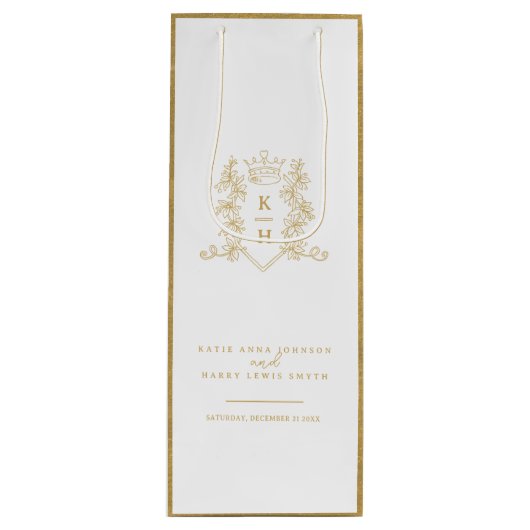 Witgouden foto kroon monogram bruiloft wijn cadeautas (Voorkant)