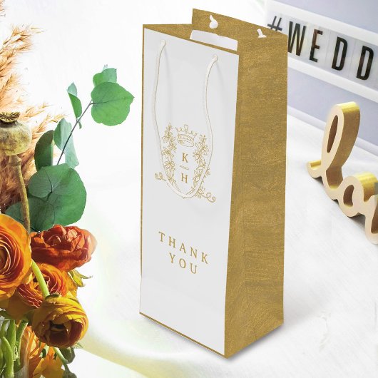 Witgouden foto kroon monogram bruiloft wijn cadeautas
