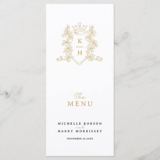 Witgouden kroon kam monogram bruiloft menu (Voorkant)