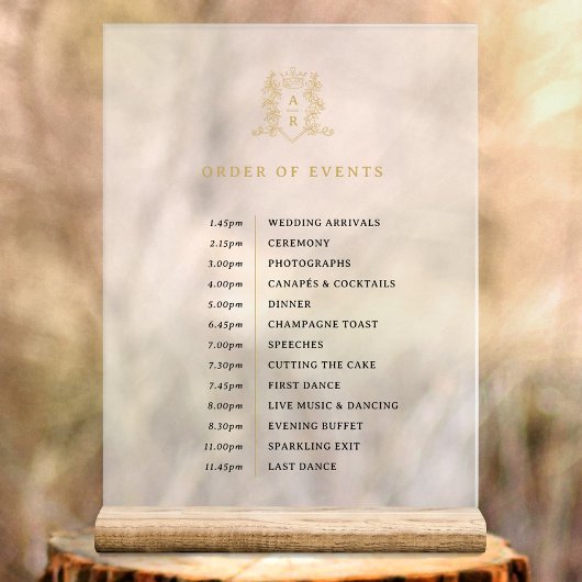 Witgouden kroon monogram volgorde van evenementen  acryl bord
