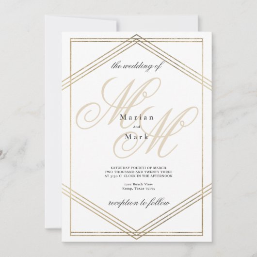 Witgouden monogram initialen geometrische bruiloft kaart (Voorkant)