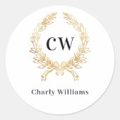 Witgouden monogram initialen krans ronde sticker (Voorkant)